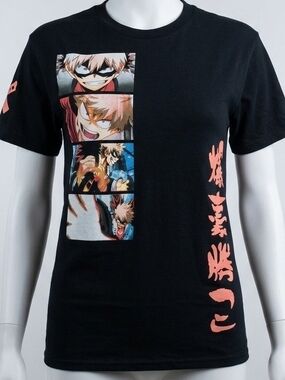 Men's Black Graphic Anime Short-Sleeve Tee with Coral Accents